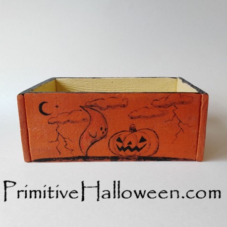 Primitive Box Original Halloween Ghost Pumpkin Painting Orange Black