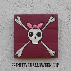 Original Skull and Cross Bones Halloween Cute Gothic Folk Art Painting Girl Jolly Roger