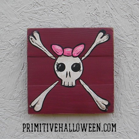 Original Skull and Cross Bones Halloween Cute Gothic Folk Art Painting Girl Jolly Roger