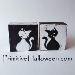 Primitive Folk Art Black Cat Wood Blocks Halloween Decor