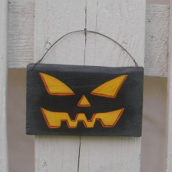 Original Primitive Folk Art Halloween Painting Jack O Lantern Pumpkin Face Black Background