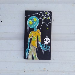 Original Zombie Spider Painting Skull Cobwebs Spiderweb Primitive Folk Art Halloween