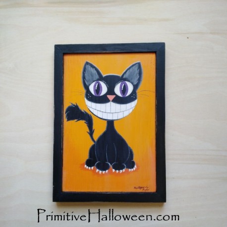 Original Folk Art Halloween Black Cat Painting Framed