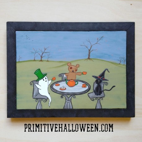 Original Halloween Tea Party Primitive Folk Art Landscape Painting Black Cat Ghost