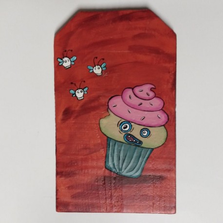 Original Halloween Strawberry Frosted Vanilla Cupcake Monster Painting Primitive Folk Art