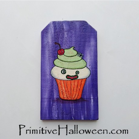 Original Halloween Lime Frosted Vanilla Cupcake Monster Painting Primitive Folk Art