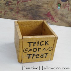 Primitive Trick Or Treat Wood Box Spider Painting Halloween Folk Art Primitive Yellow Fall Decor