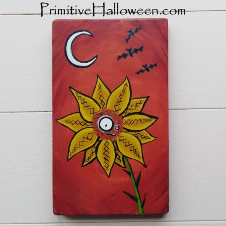 Original Halloween Sunflower Monster Painting Primitive Folk Art Bats Moon