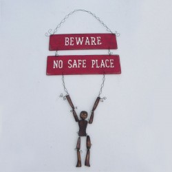 Original Beware Sign No Safe Place Painting Folk Art Wood Skeleton Halloween