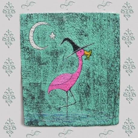 Halloween Flamingo Witch Original Primitive Funky Folk Art Painting  Cottage Beach Wood